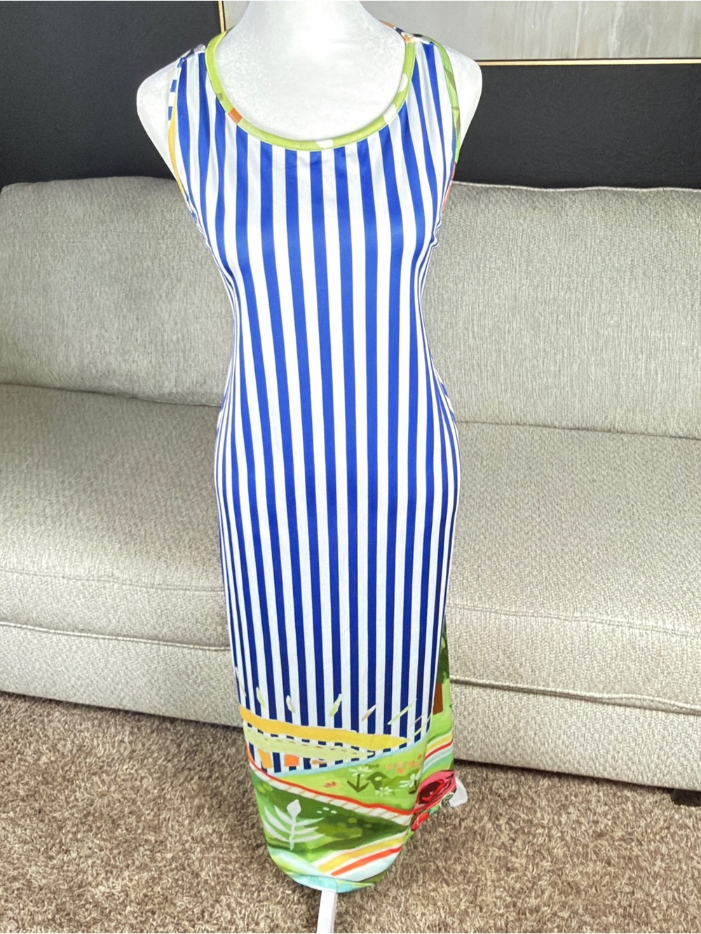Blue & White Striped Maxi Dress with Green Trim and Floral Hem